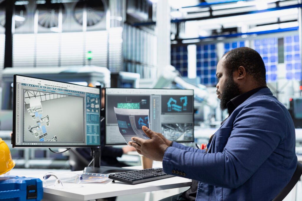 industrial master engineer adjusts solar tech equipment in a plant