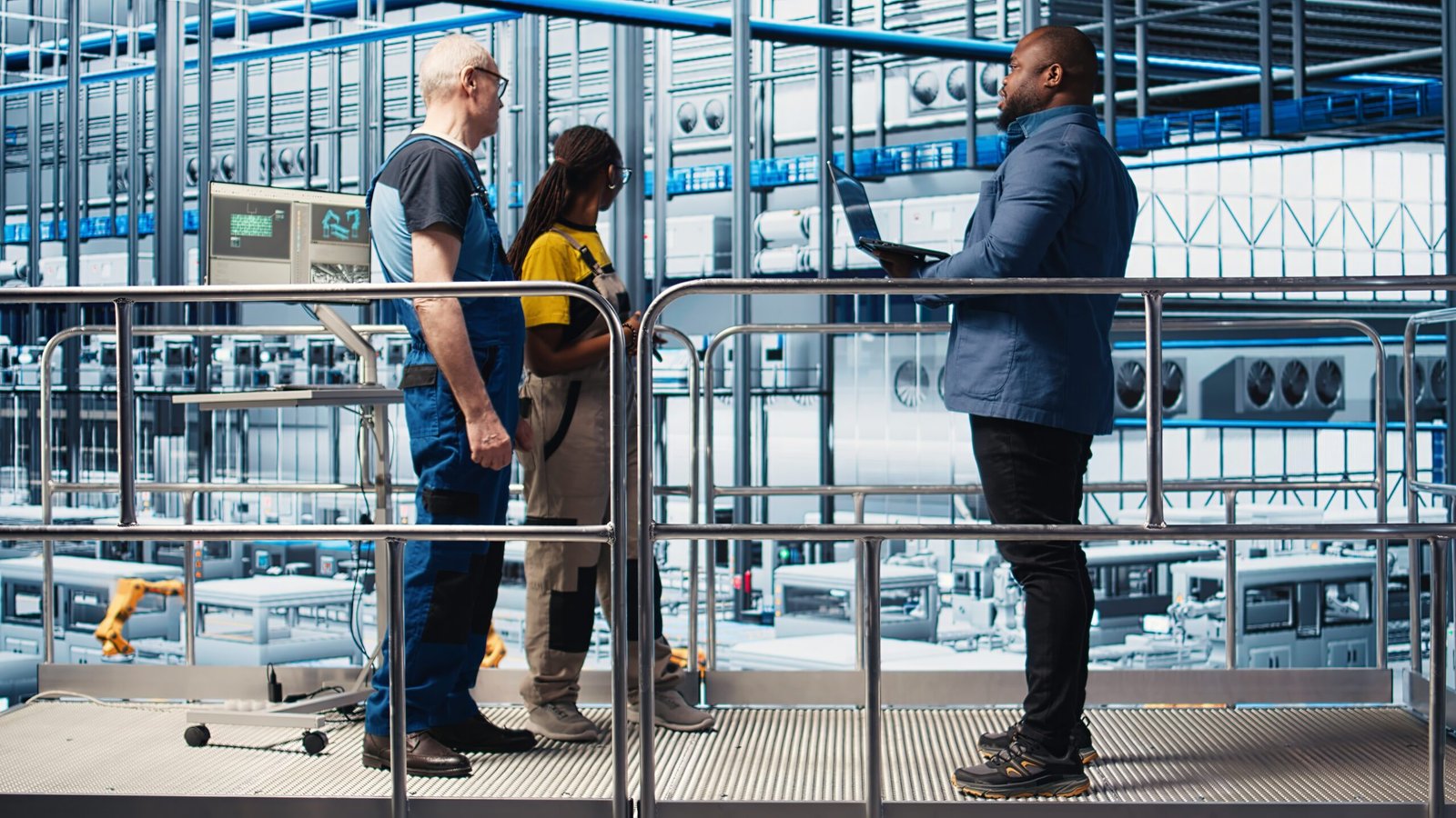 investor visiting industry 4.0 solar panels plant, talking with engineers