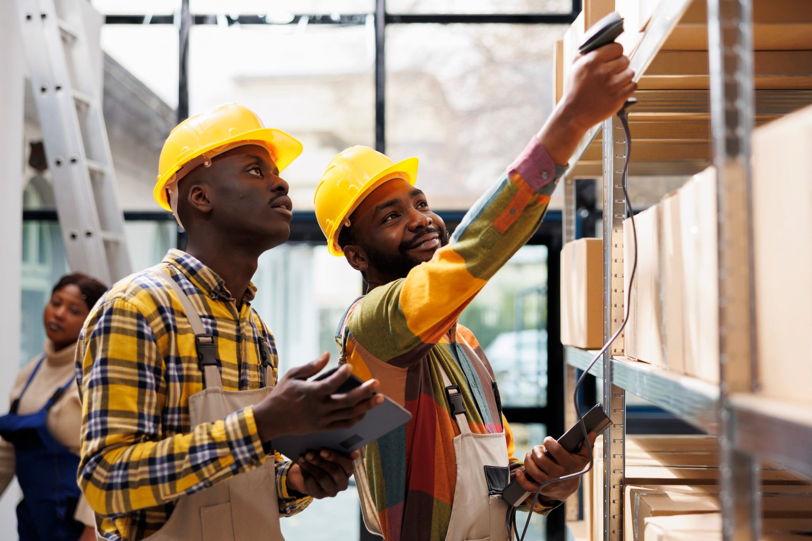 warehouse smiling colleagues scanning cardboard box barcode and chatting