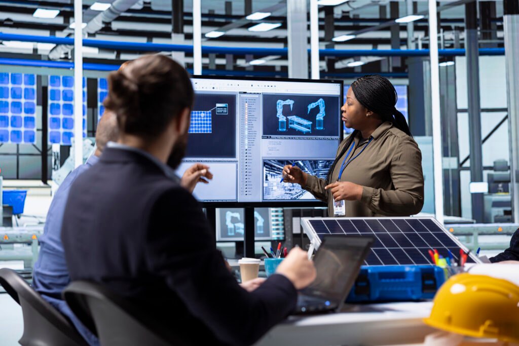 shareholders collaborate on renewable energy investments, looking at data